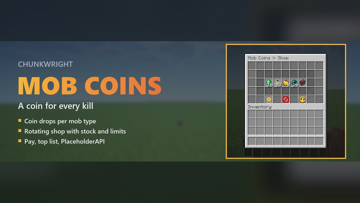 Chunkwright Mob Coins banner: Mob Coins plugin for Paper and Purpur servers, with an in-game screenshot