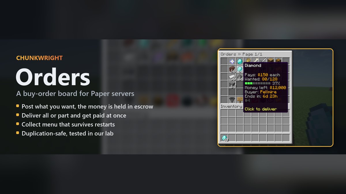 Chunkwright Orders banner: Orders plugin for Paper and Purpur servers, with an in-game screenshot