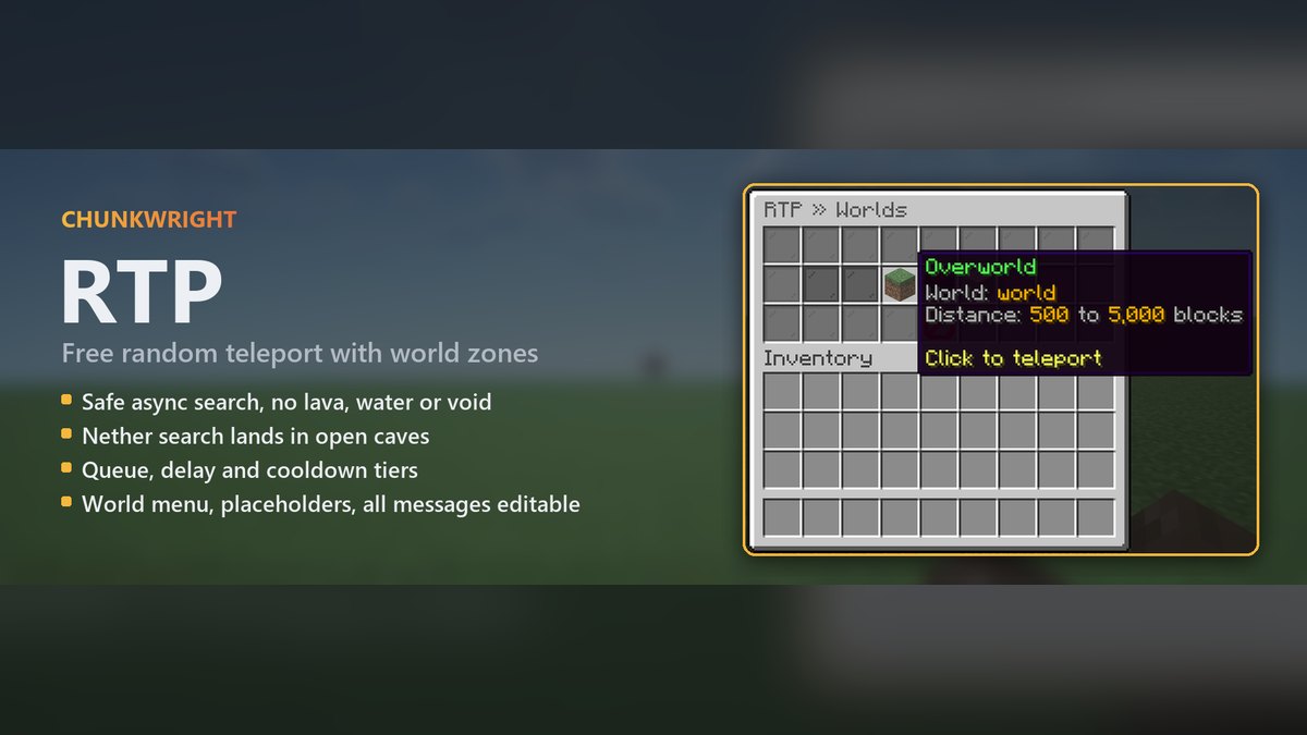 Chunkwright RTP banner: RTP plugin for Paper and Purpur servers, with an in-game screenshot