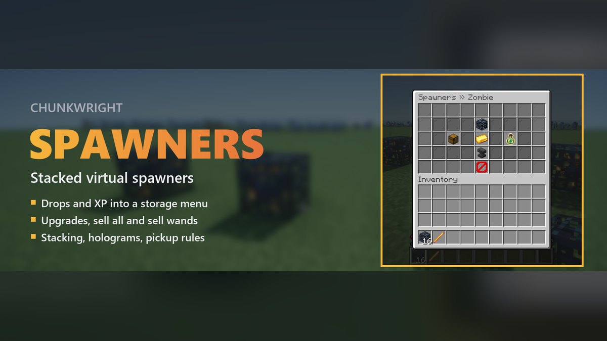 Chunkwright Spawners banner: Spawners plugin for Paper and Purpur servers, with an in-game screenshot