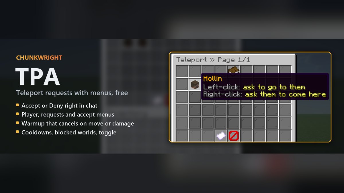 Chunkwright TPA banner: TPA plugin for Paper and Purpur servers, with an in-game screenshot