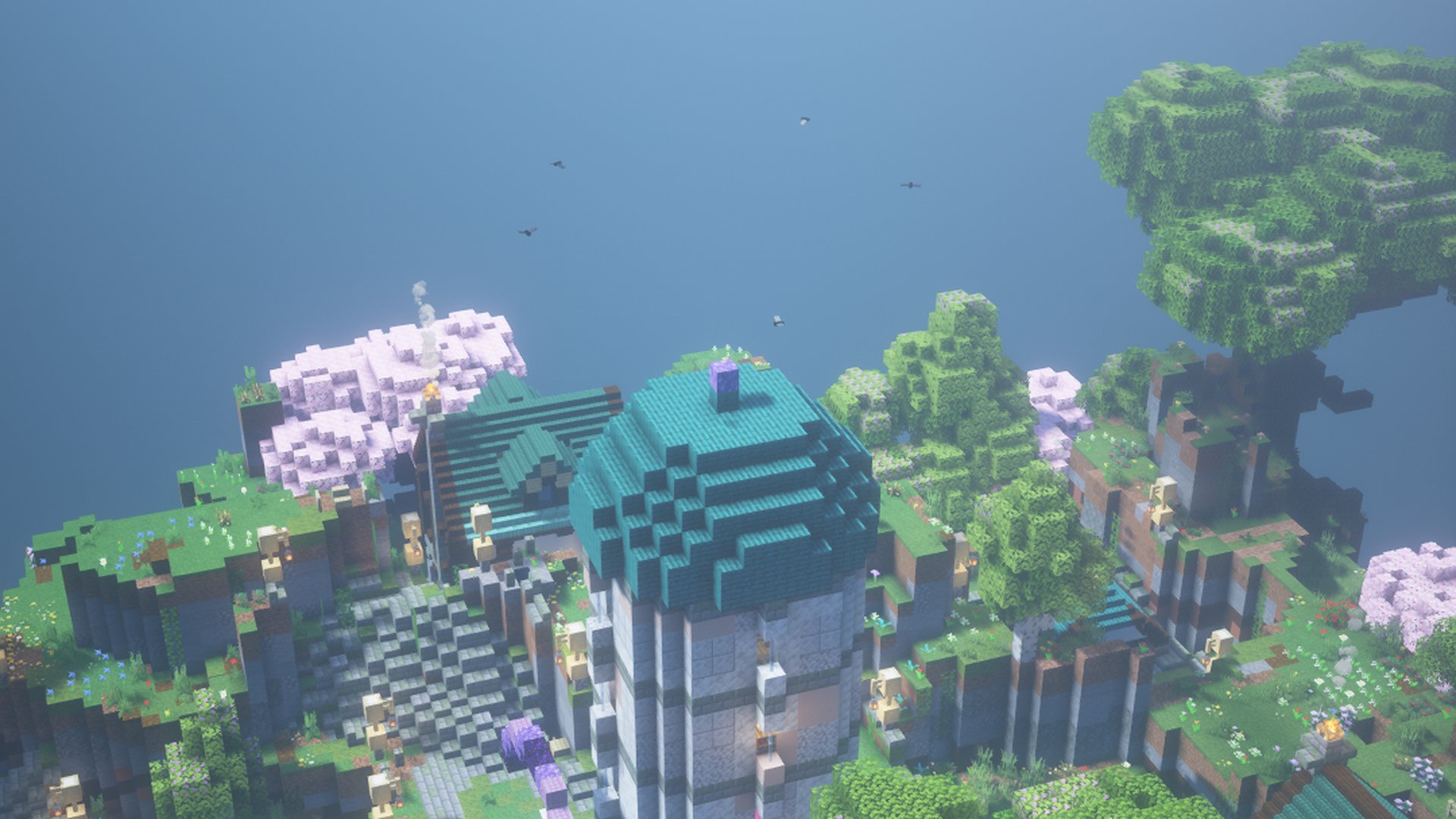 An amethyst spire with a teal dome on a mesa, with cherry trees and houses around it
