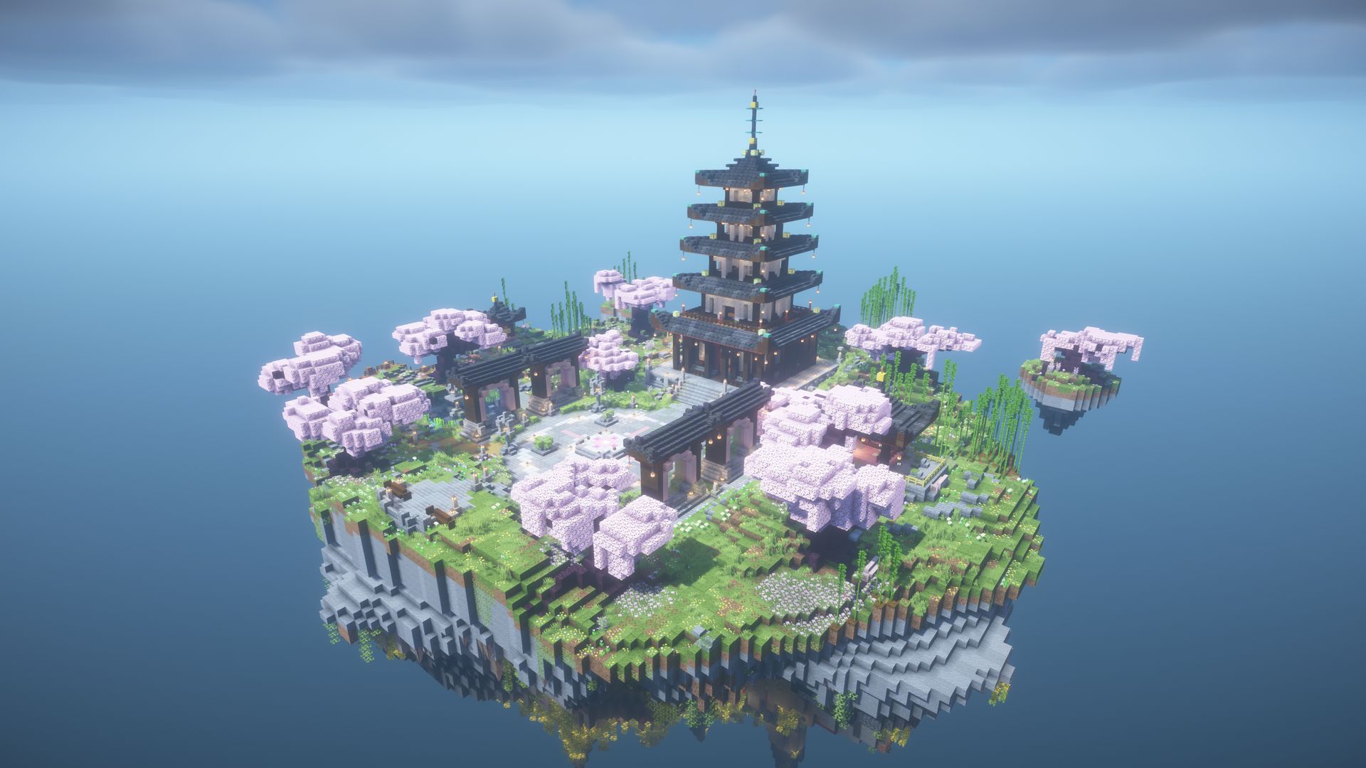The whole floating island from above, with the pagoda, plaza and cherry trees