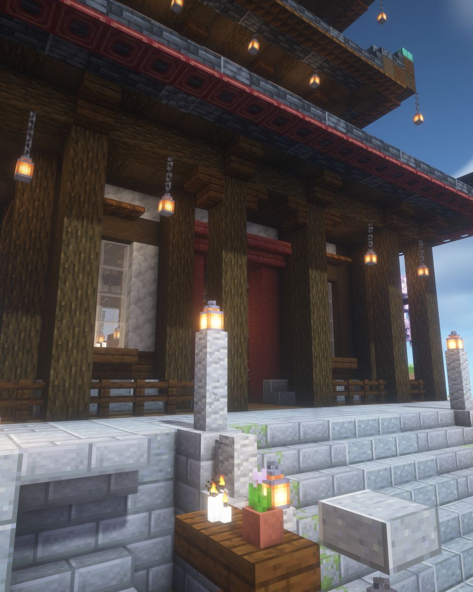 The pagoda veranda with hanging lanterns and stone steps