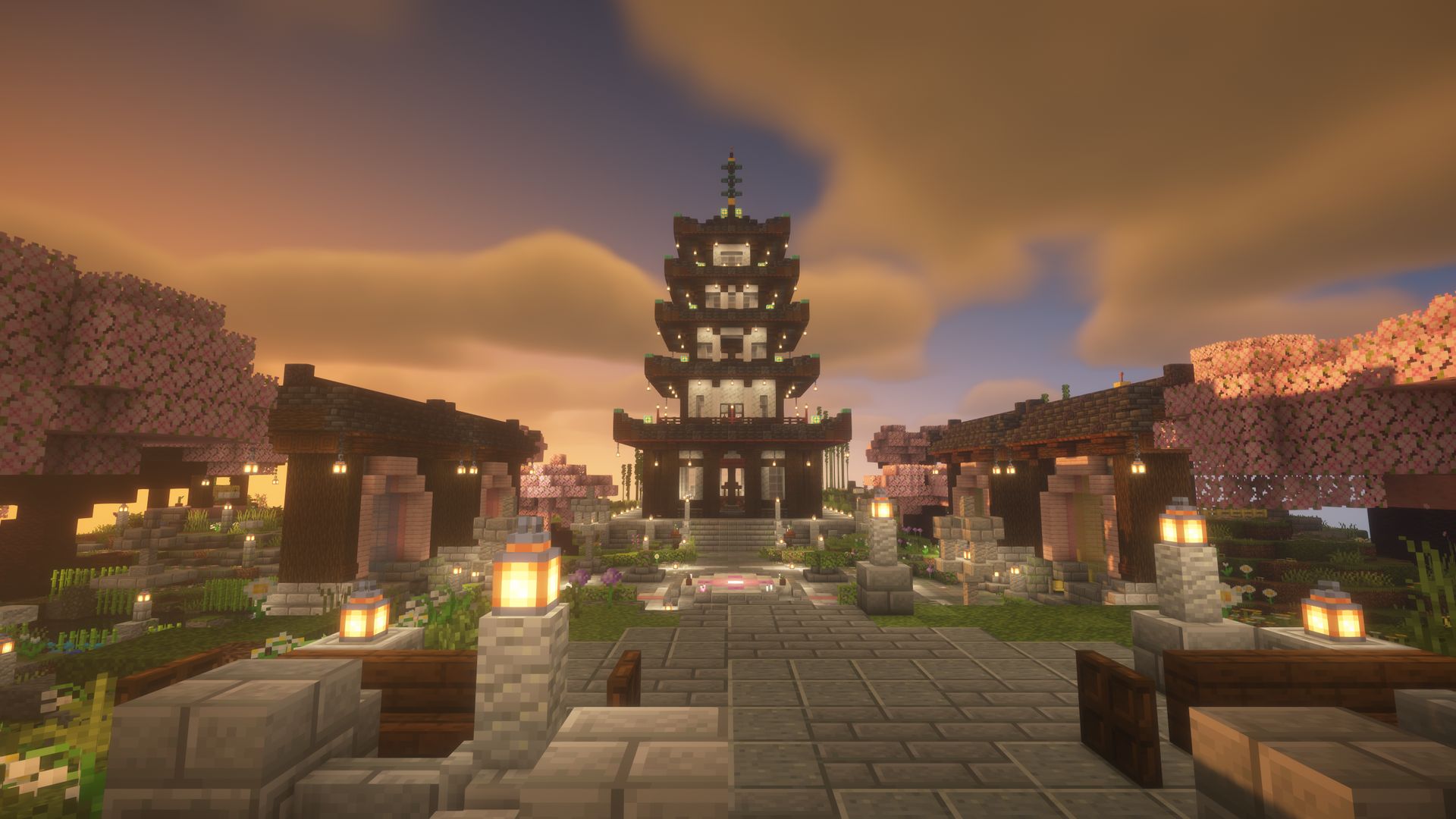 The spawn plaza and pagoda at sunset