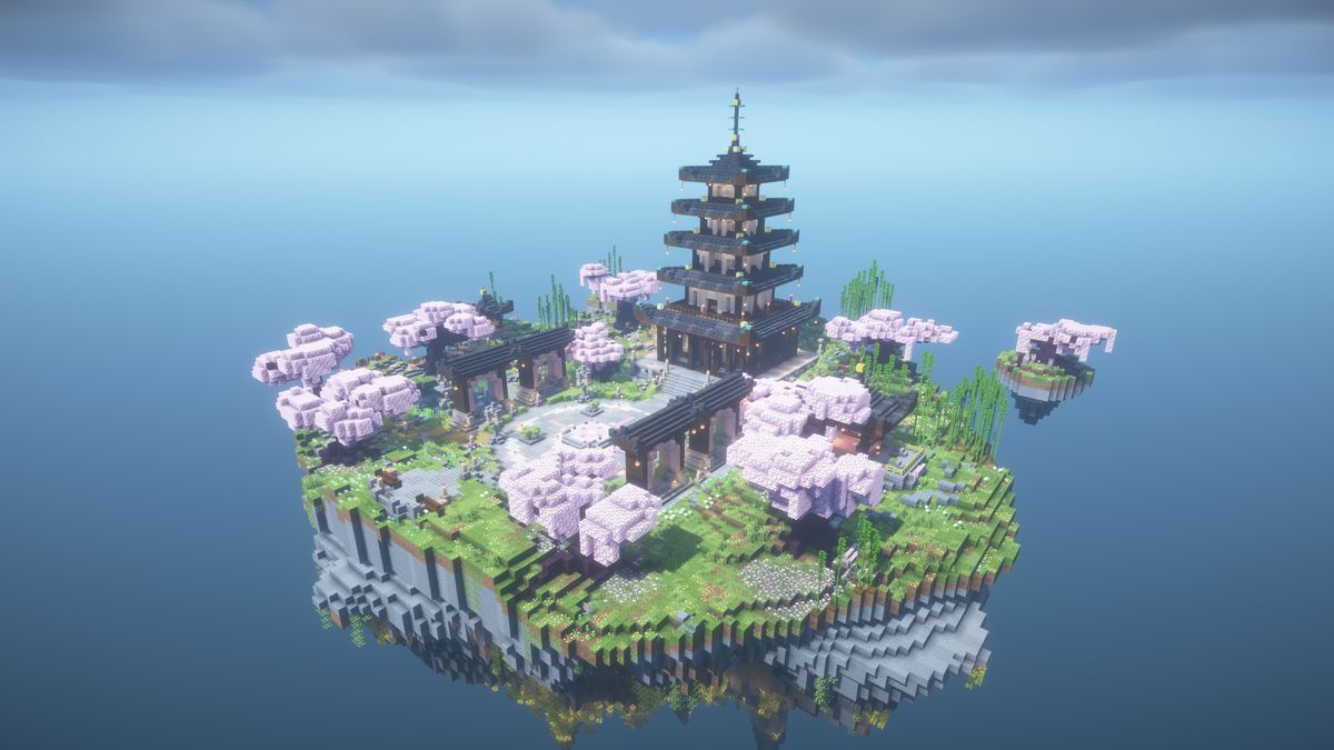 Sakura Sky Spawn, a floating cherry blossom island with a five-tier pagoda