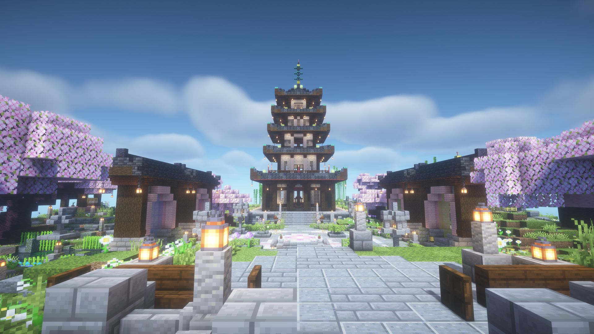 A five-tier pagoda over a round stone plaza on a floating island full of cherry trees