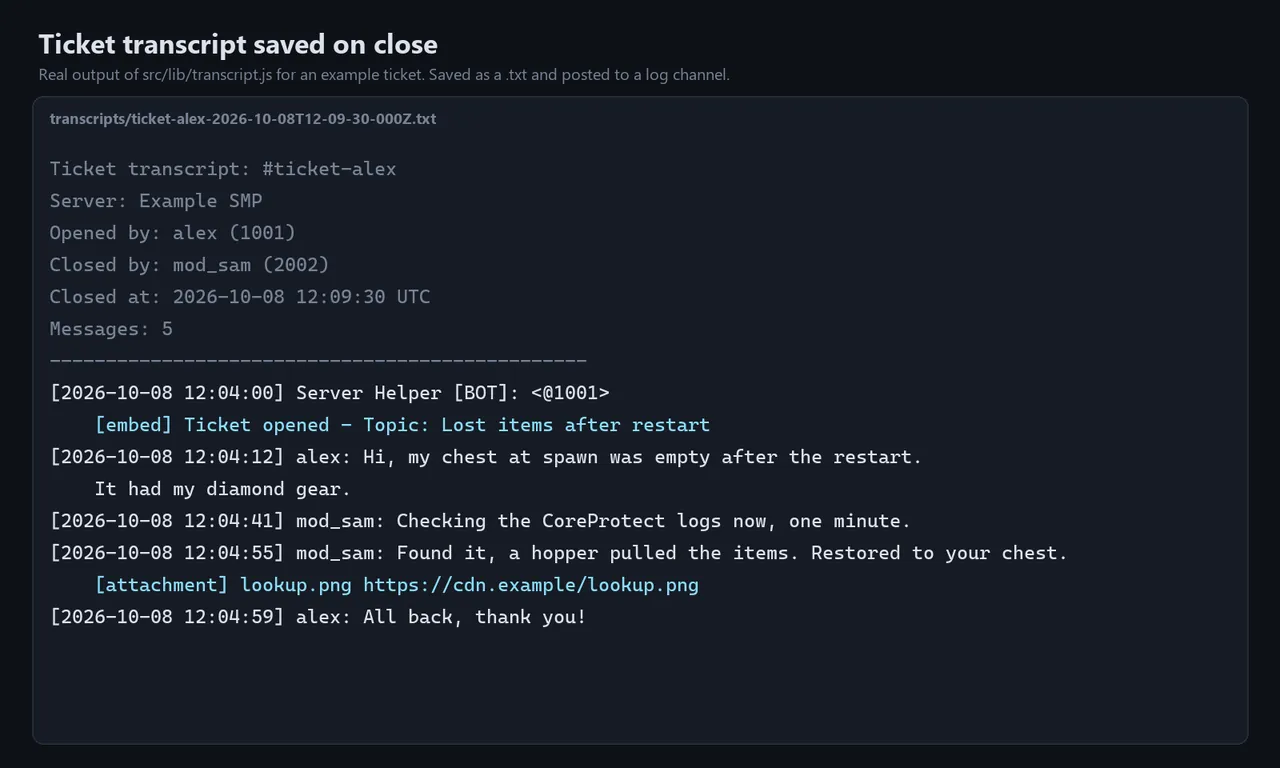 Ticket transcript saved by our sample Discord bot