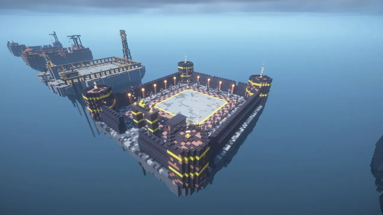A walled prison mine with towers and a square pit floating over a calm sea