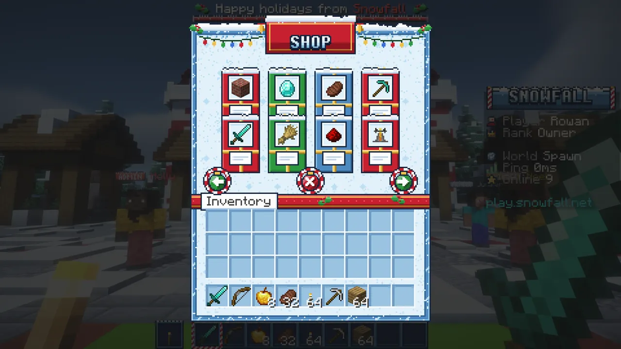 A winter themed shop menu drawn over a chest inventory in Minecraft