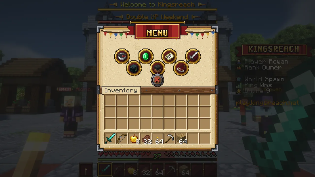 A drawn medieval main menu with round gold buttons over a chest inventory