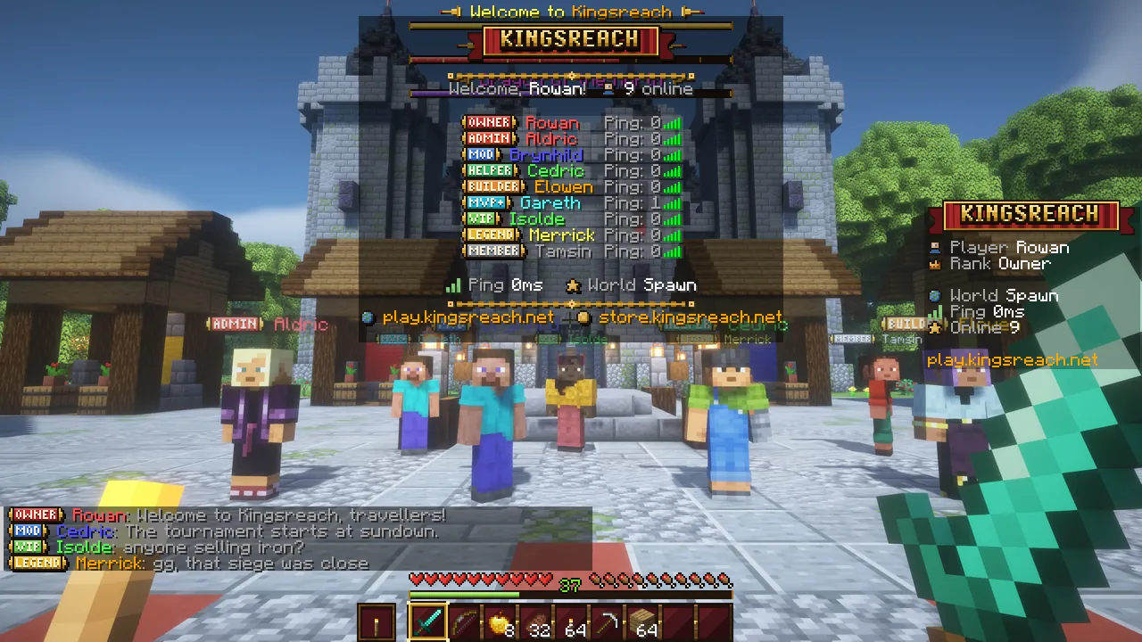 A Minecraft tab list with a drawn banner, rank badges and a sidebar scoreboard