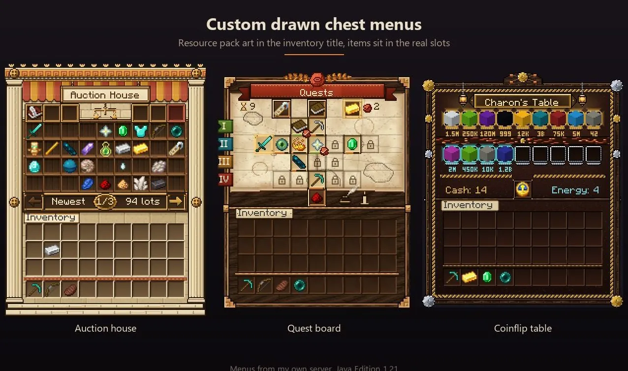 Three drawn chest menus: an auction house, a quest board and a coinflip table