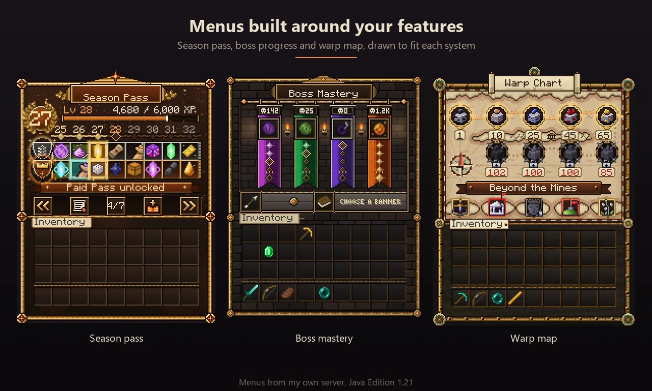 Season pass, boss mastery, warp map. Chest menus with items in the real slots