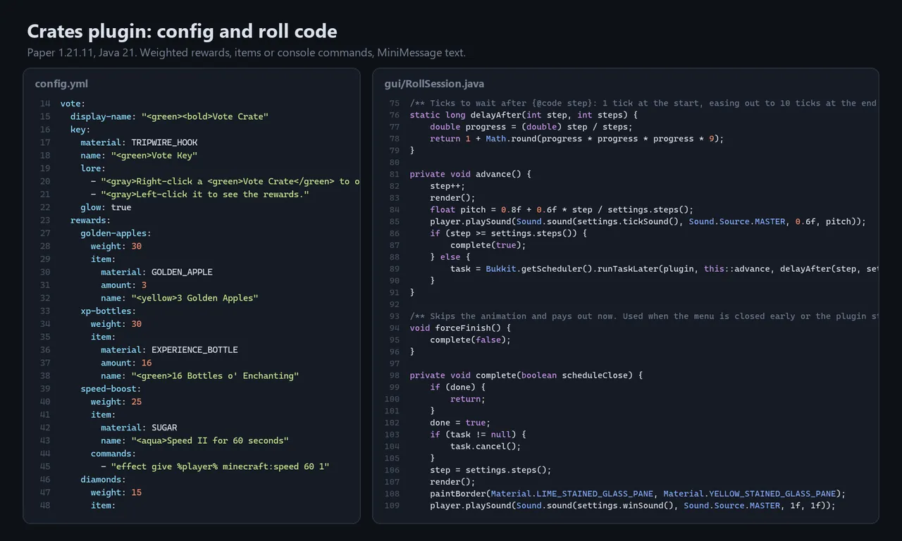 Config and code. Weighted rewards, items or console commands