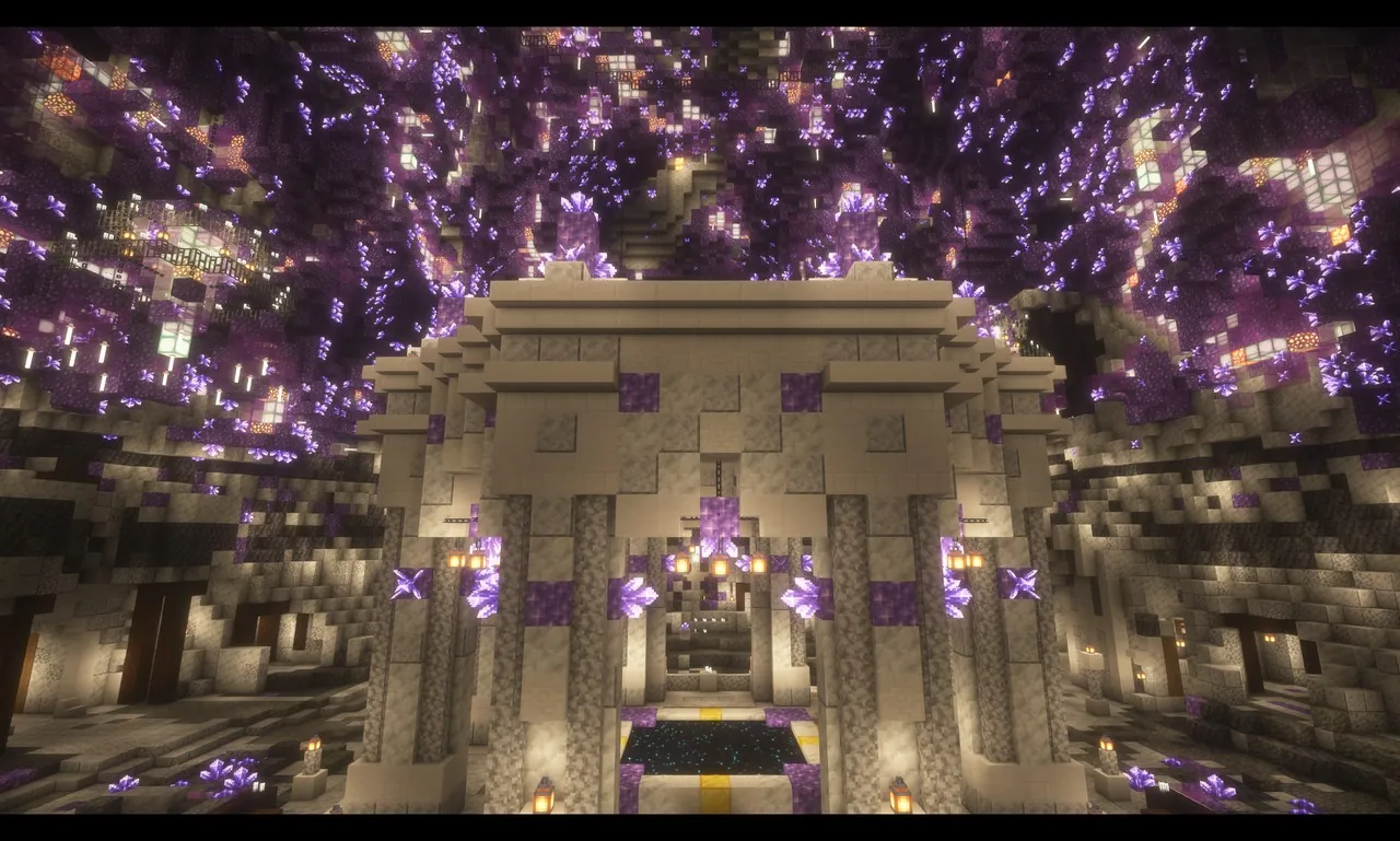 A pillared dais under an amethyst cavern roof, rendered with shaders