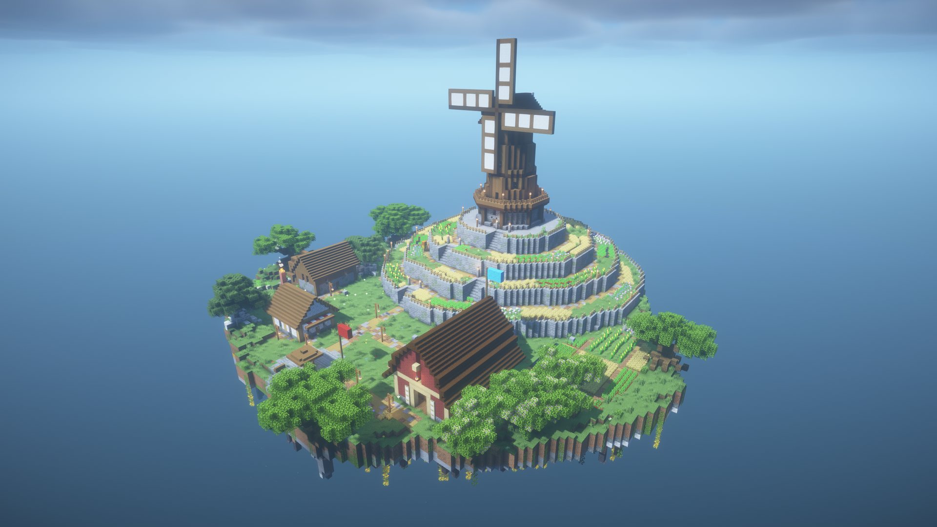 The whole floating island from above, with the windmill hill, barn, cottages and fields